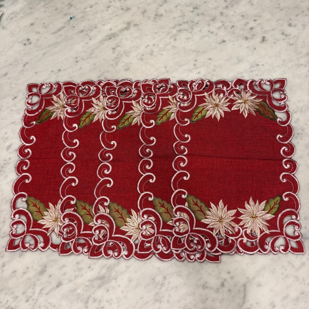 Christmas Poinsettia Embroidered Cutwork Placemats‎ Red Set of 5 Holiday Decor